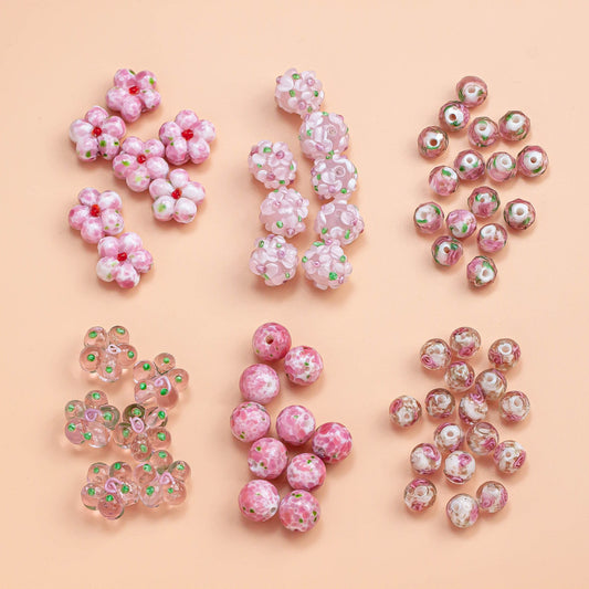 Lampwork Glass Beads Floral Pink Tone Translucent Faceted 4pcs 2