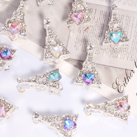 Pave Eiffel Tower Rhinestone Beads 22mm Alloy Heart Gem 2pcs 2