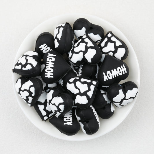 3D Western Cowboy Heart Silicone Focal Beads Cow Print 20pcs 2