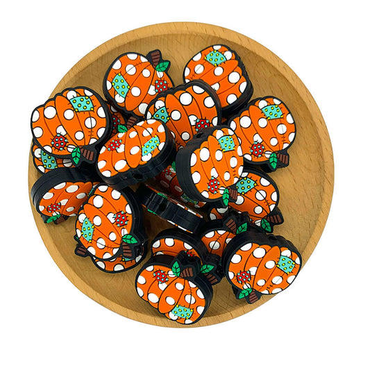 Silicone Focal Beads Pumpkin With Polka Dots Colorful Stitched Patches 2