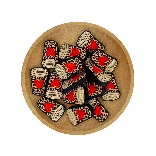 Silicone Focal Beads Love Milk Tea Cup Bold Red Heart Leopard Print 20pcs 2