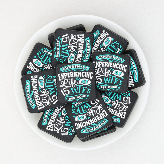 Blue Square Silicone Focal Beads with Text Design 20pcs - Blue