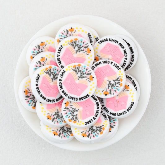 Silicone Focal Beads Just A Girl Who Loves Reading Pink Book Floral Text 20pcs