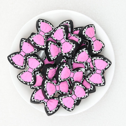 Cow Print Bow Silicone Focal Beads Pink Light Pink Green 20pcs - Pink