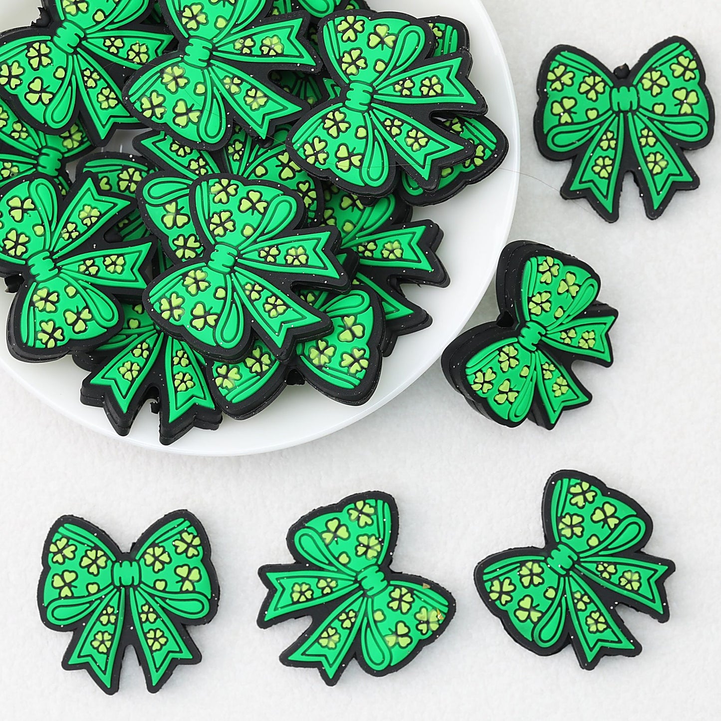 Green Clover Bow Silicone Focal Beads 20 pcs