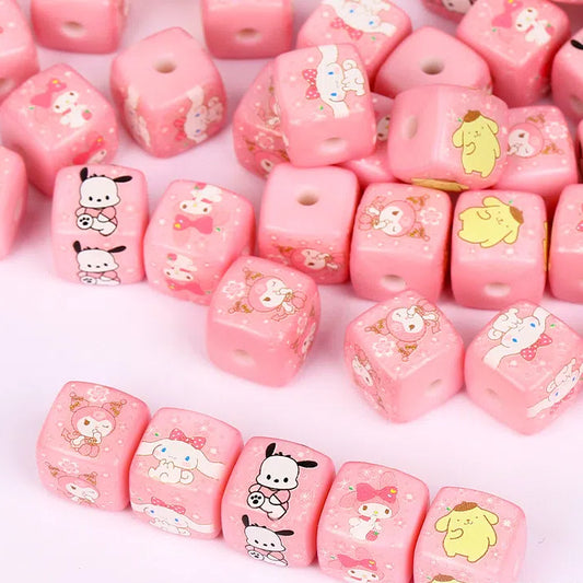 Pink Sanrio Series Acrylic Square Beads 14mm Printed 10pcs