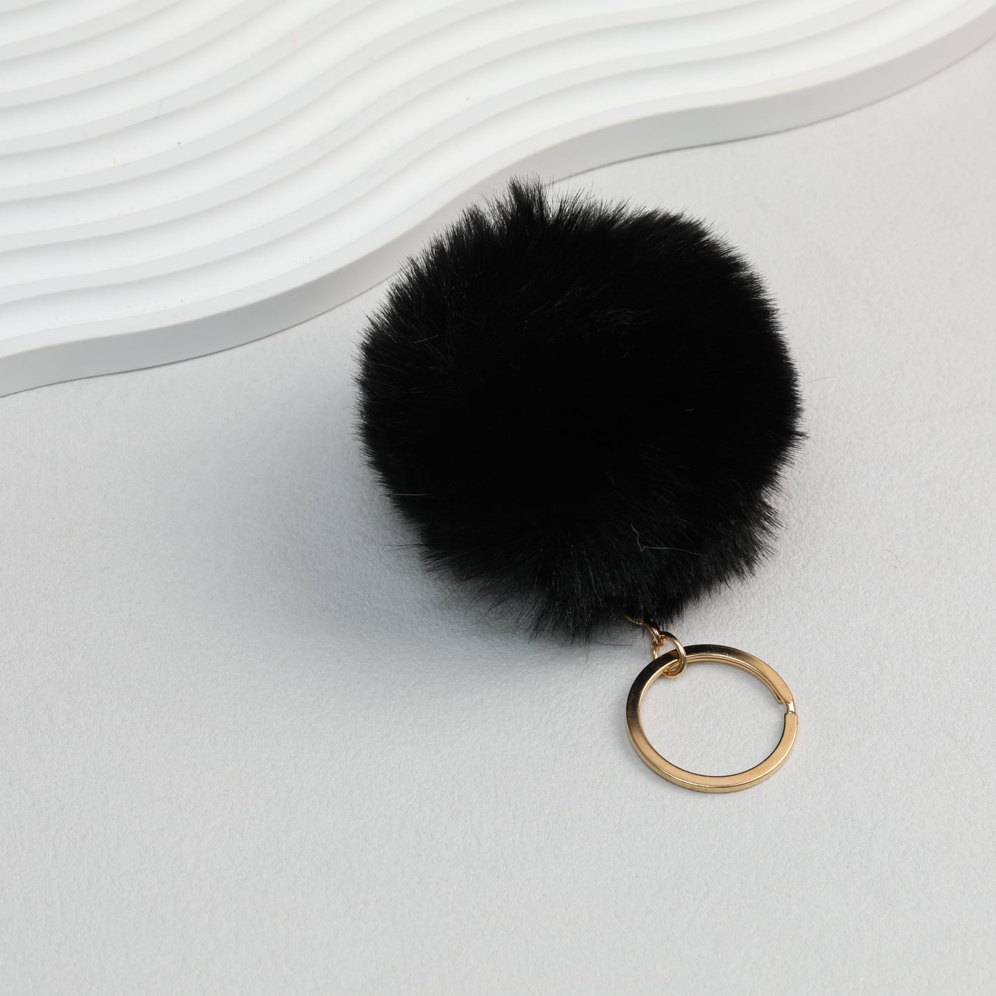 Pom Pom Keychain Plush Violet Faux Fur Ball Gold Ring 8cm