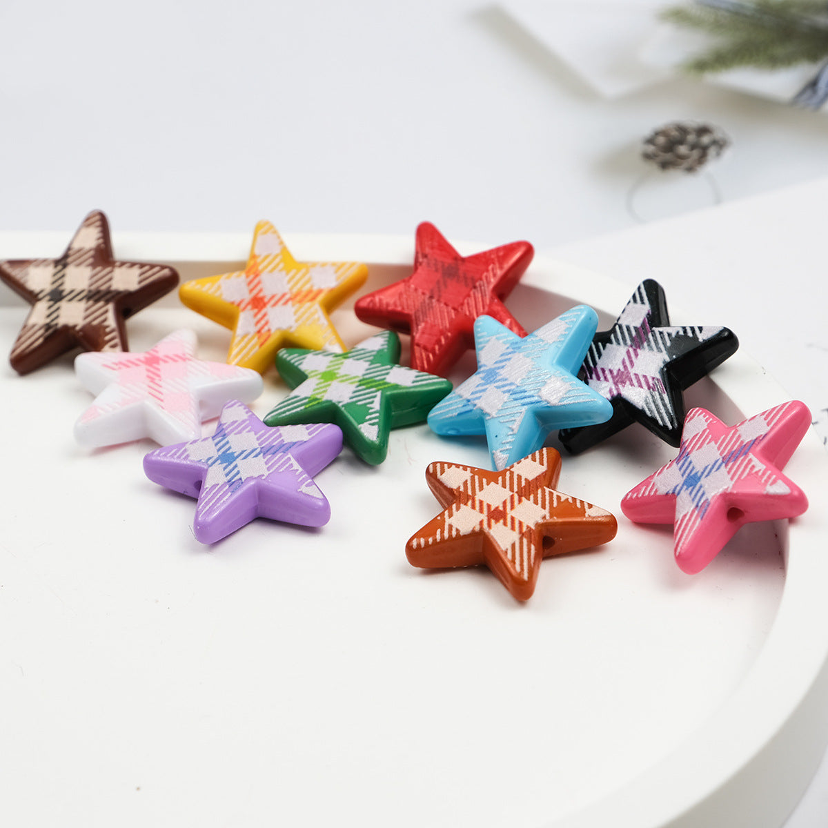 Grid Pattern Printed Star Acrylic Beads 21mm Multicolor 20pcs