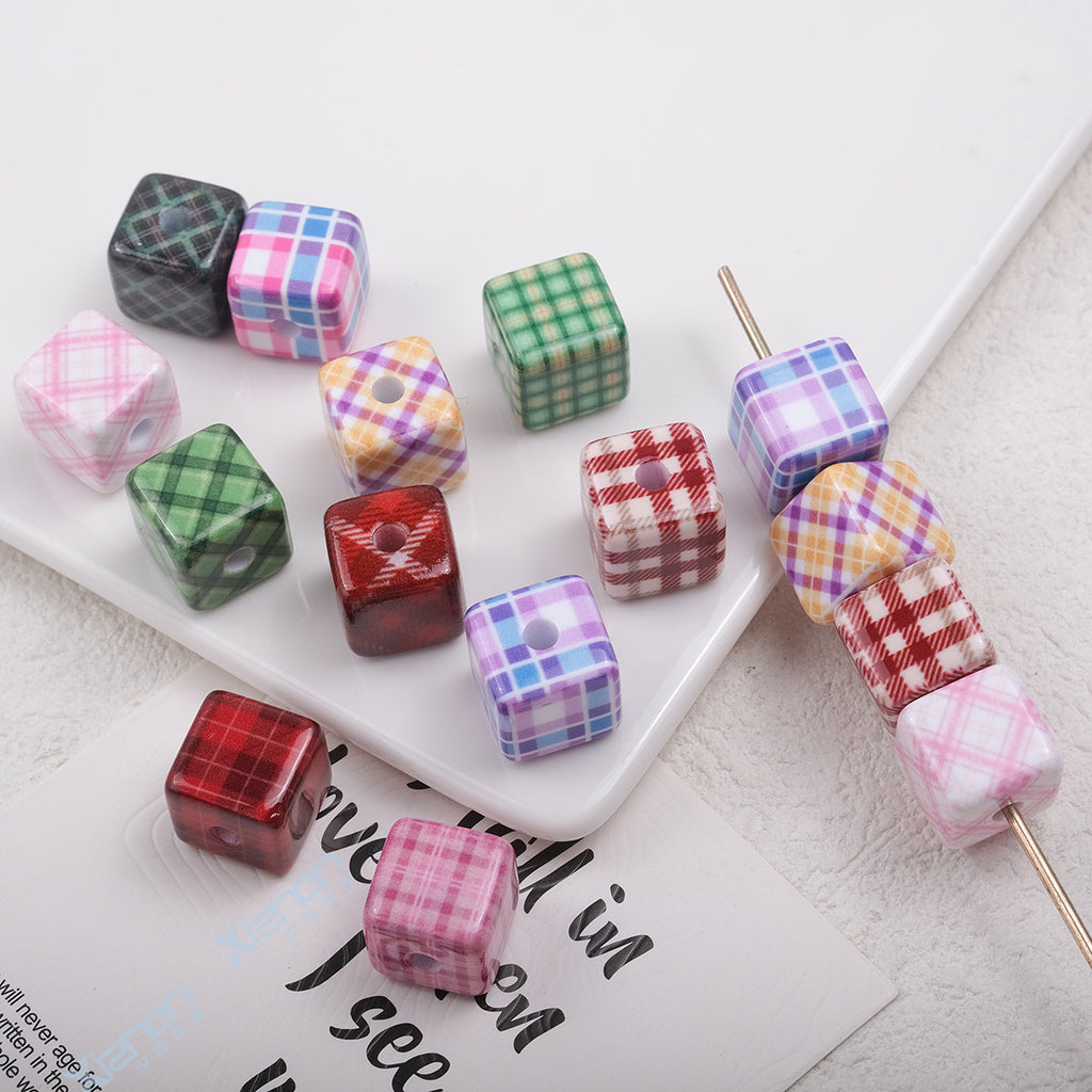 Baking Painted Square Acrylic Beads 14mm Plaid Colorful 50pcs