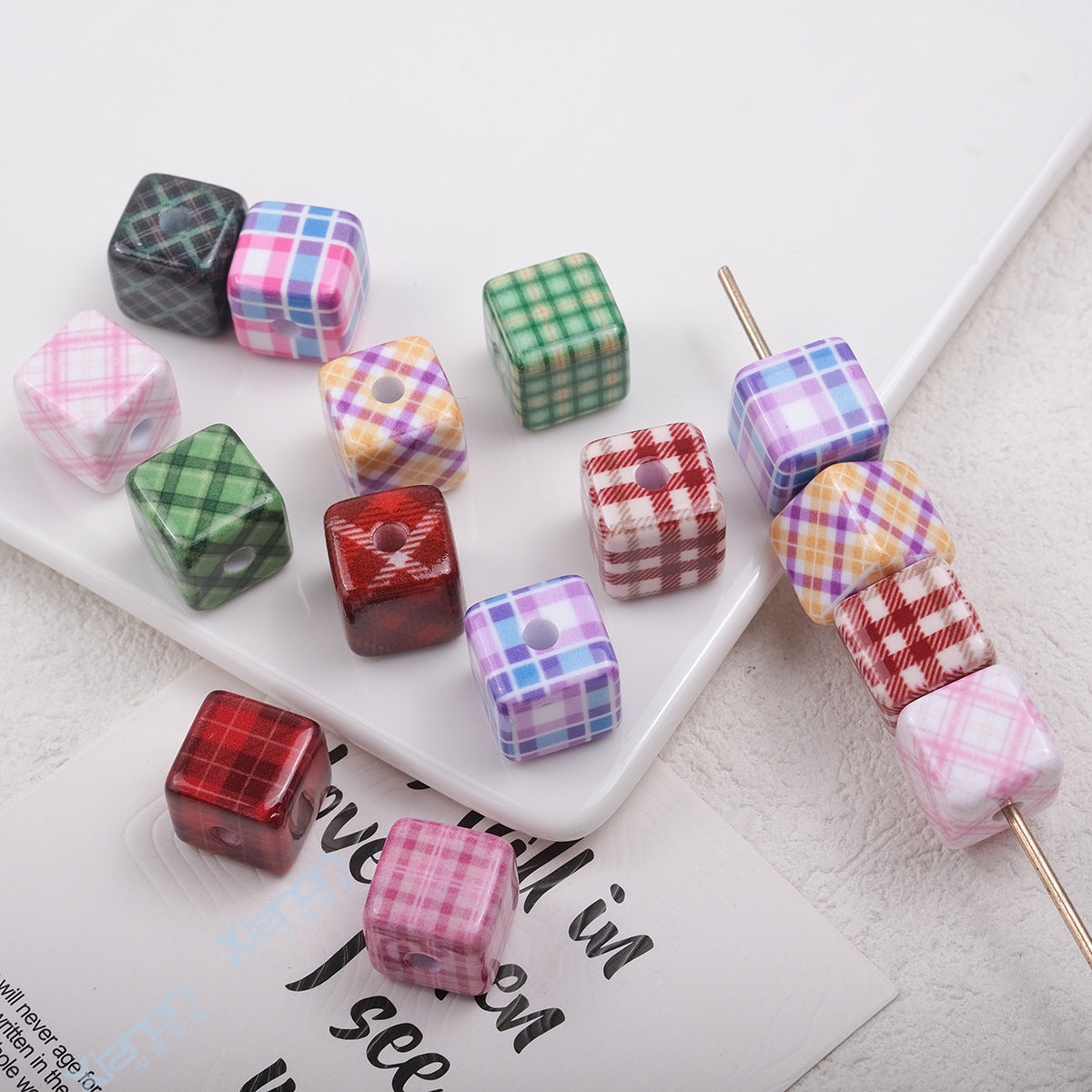Baking Painted Square Acrylic Beads 14mm Plaid Colorful 50pcs