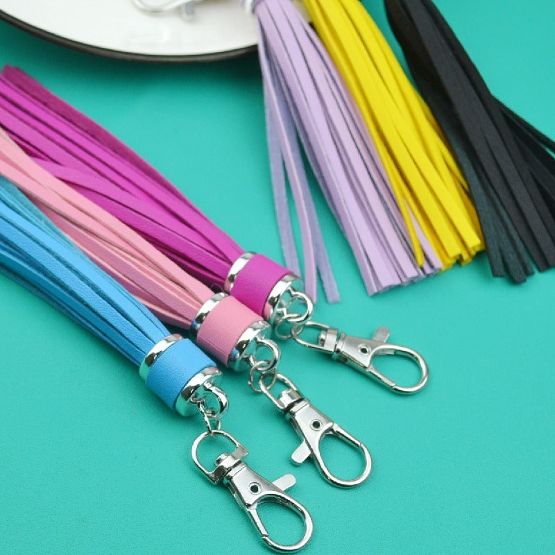 PU Leather Tassel Keychain 9cm Strips Silver Lobster Clasp 4