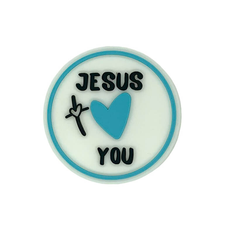 Silicone Focal Beads Jesus Love You Circle Badge Blue Heart