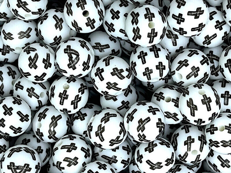 15mm Silicone Beads White Background Black Cross Print 50pcs