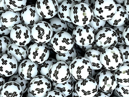 15mm Silicone Beads White Background Black Cross Print 50pcs