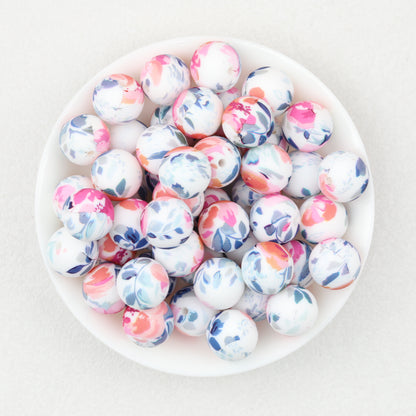 15mm Floral Pattern Silicone Beads Pastel Print 50pcs 2