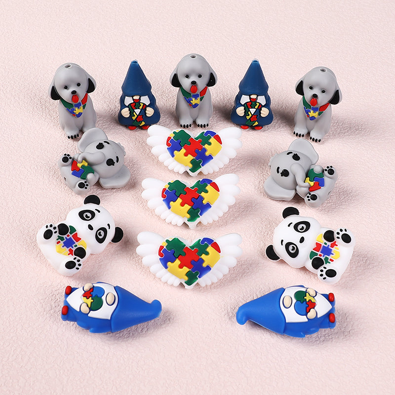 Silicone 3D Focal Beads Autism Pet Love Puzzle Pattern Puppies Panda 6