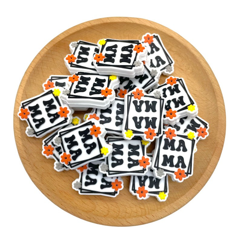 Silicone Focal Beads Mama Bold Black Letters Retro Flowers 20pcs 2