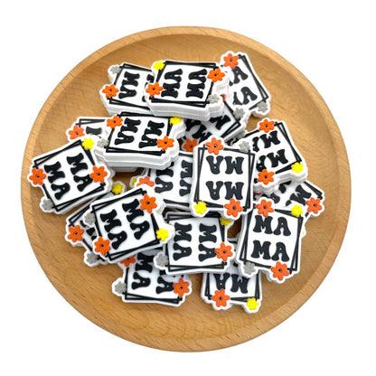 Silicone Focal Beads Mama Bold Black Letters Retro Flowers 20pcs 2