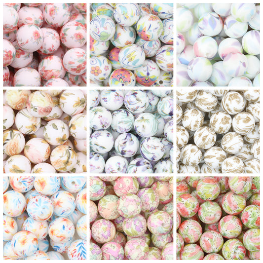 Colorful Floral Pattern 15mm Round Silicone Beads 50pcs