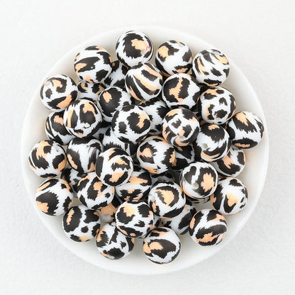 15mm Leopard Print Pattern Silicone Round Beads 50pcs - Brown Leopard
