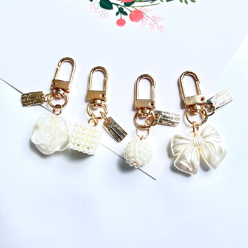 Acrylic Bow Rose Flower Keychain with Pearly Charms and Gold Hardware 2