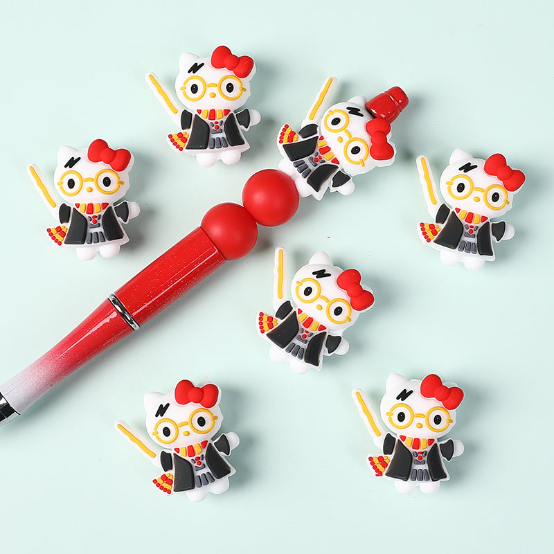 Silicone 3D Focal Beads Harry Potter KT Cat Wearing Red Bow 20pcs 5