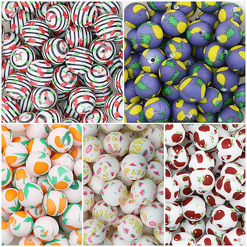 15mm Fruit Pattern Printed Silicone Round Beads 50pcs