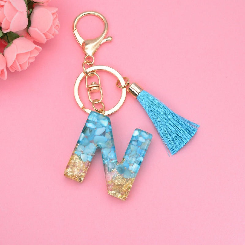 Blue Resin Tassel Monogram Keychain with Gold Flake Accent 16