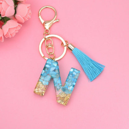 Blue Resin Tassel Monogram Keychain with Gold Flake Accent 16