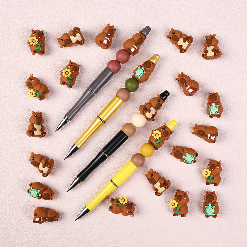 Silicone 3D Focal Beads Capybara Holding Books Flowers Turtles 20pcs 6
