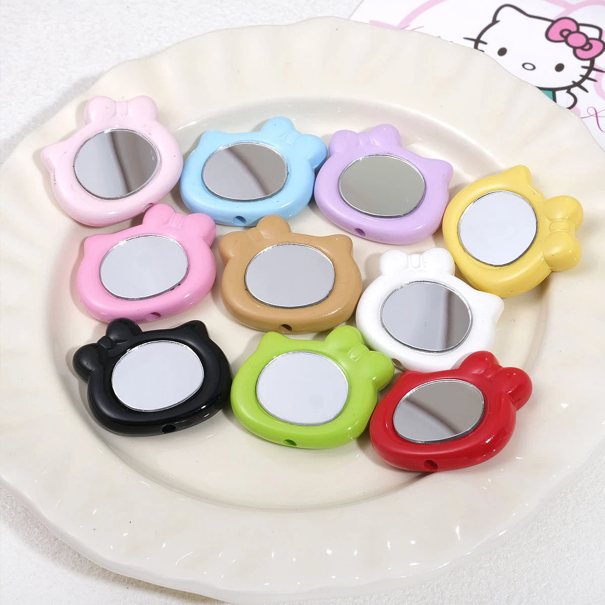 Cat Head Mirror Acrylic Beads 28x32mm Round Flat 10pcs 2