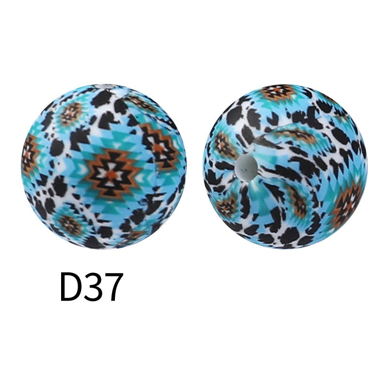 50Pcs 15mm Colored pattern printed silicone beads 39