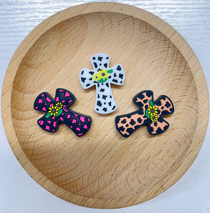 Silicone Focal Beads Sunflower Cross Hot Pink Spotted 20pcs 2