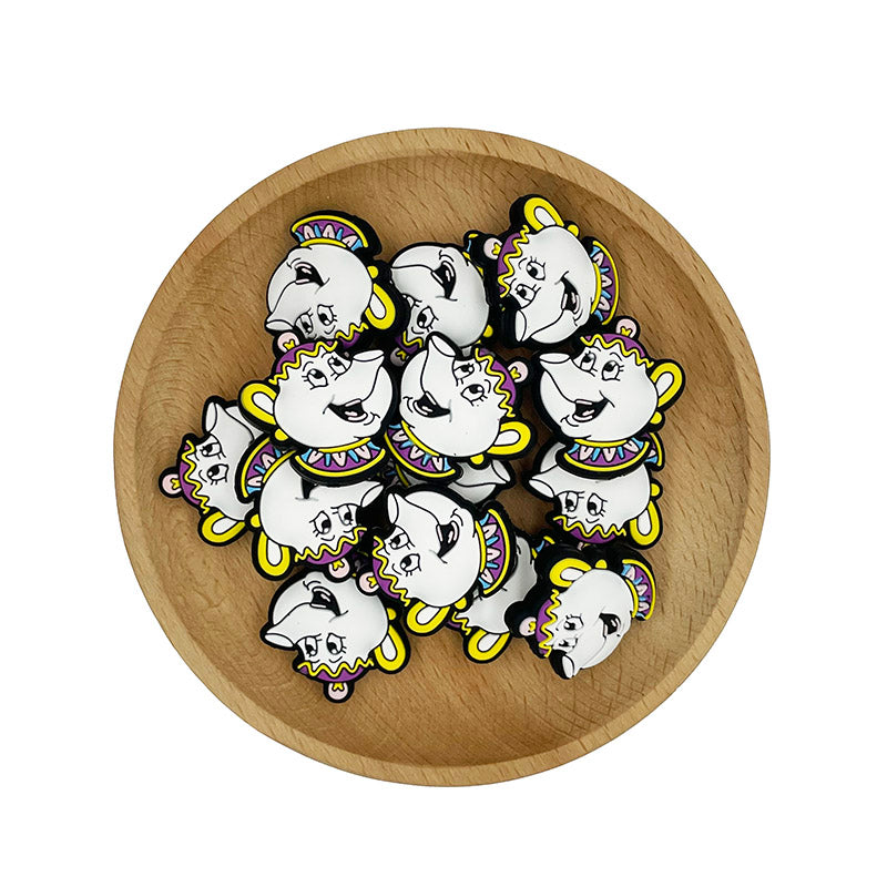 Silicone Focal Beads Beauty And The Beast Teapot With Crown 20pcs 2