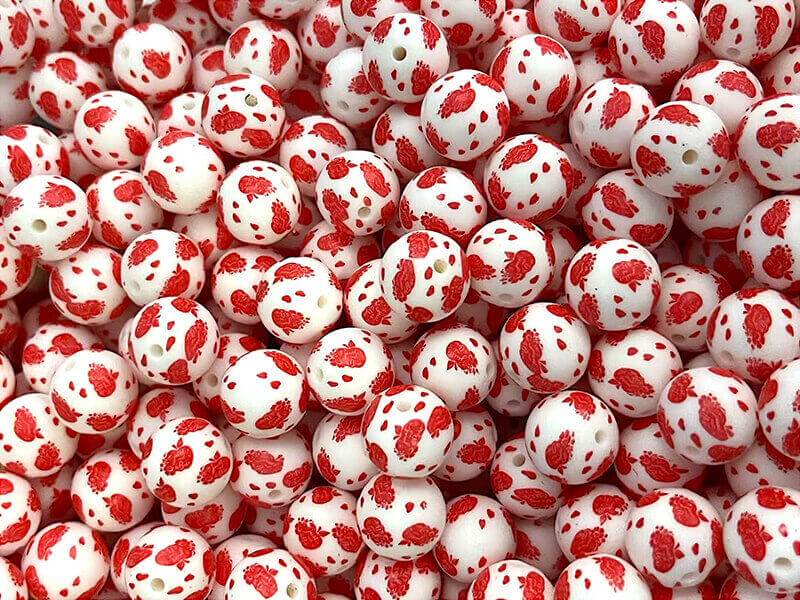 15mm Silicone Beads White Background Red Apple Print 50pcs