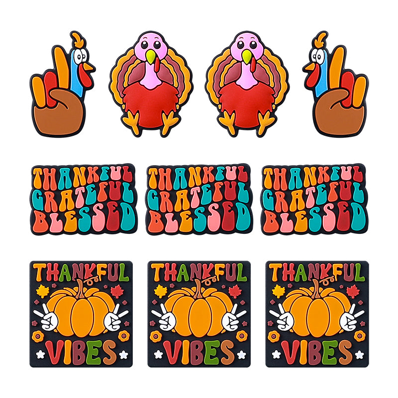 Silicone Focal Beads Thanksgiving Turkey With Pumpkin and Thankful Vibes 20pcs