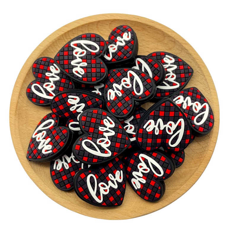 Silicone Focal Beads Valentine Grid Heart Love Script 20pcs 2