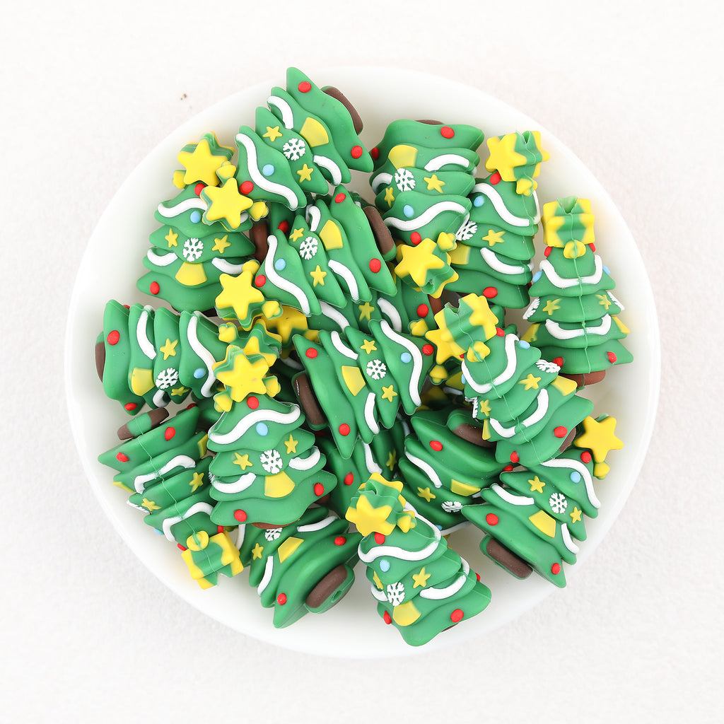 3D Christmas Tree Silicone Focal Beads Wholesale, Five-Point Star Topper Snowflake Details Red Dot Accents