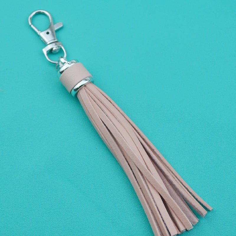 PU Leather Tassel Keychain 9cm Strips Silver Lobster Clasp 33