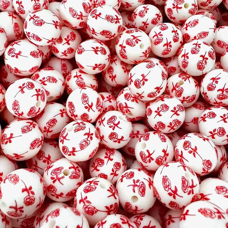 15mm Silicone Beads Red Flower Printed Design 50pcs
