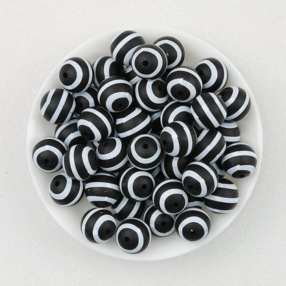 15mm Black and White Patterned Print Round Silicone Beads 50pcs - Black and White Rings