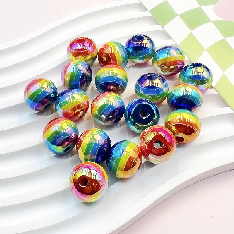 Striped Rainbow Acrylic Beads 16mm Glossy Round 10pcs 3