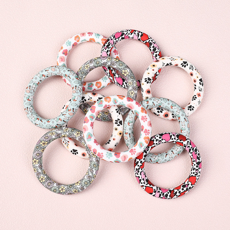 65mm Printed Silicone Beads Round Rings Floral Animal Spots Prints 3