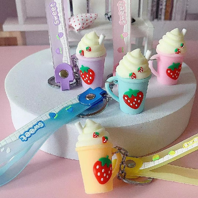 Silicone Strawberry Ice Cream Milk Tea Cup Keychain Pastel Colors