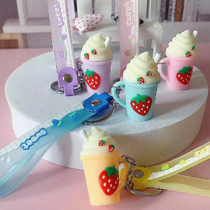 Silicone Strawberry Ice Cream Milk Tea Cup Keychain Pastel Colors