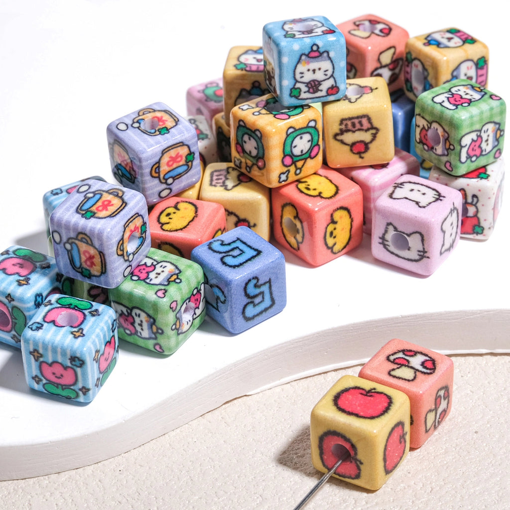 Tiny Cartoon Pattern Printed Acrylic Square Beads 10mm Glossy 30pcs