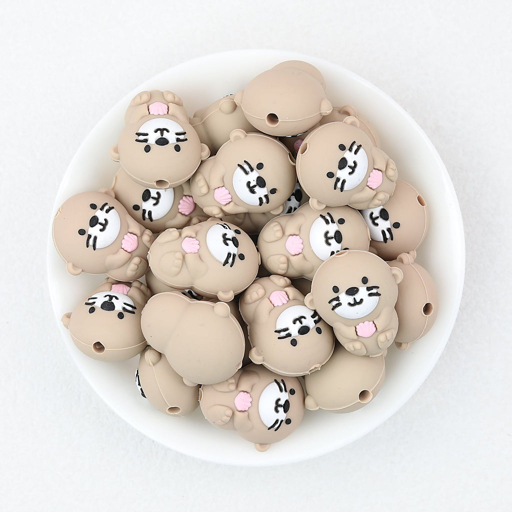 Silicone 3D Sea Otter Focal Beads Light Brown With Pink Shell 20pcs