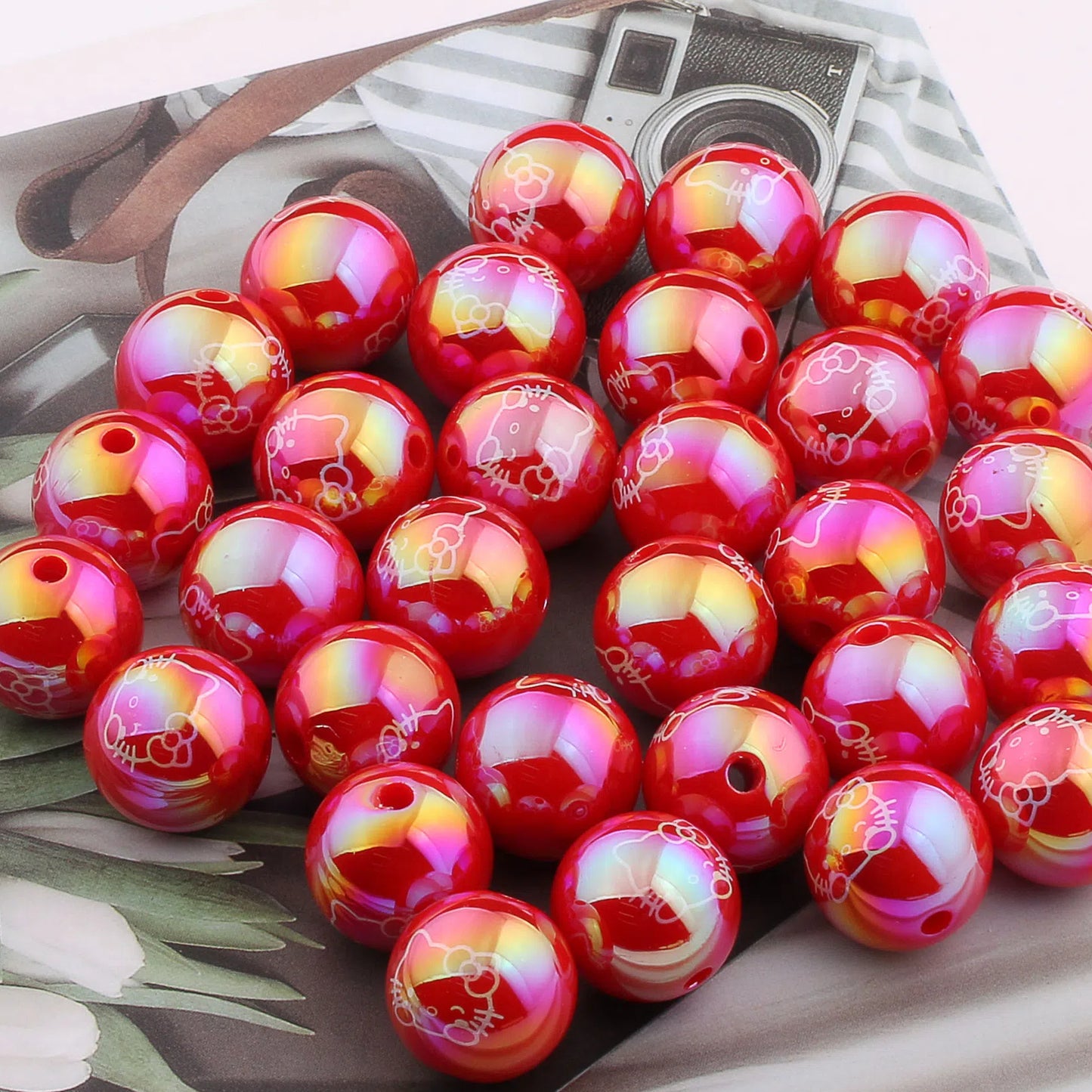 UV Plating Round Acrylic Beads 16mm Cartoon Printed 20pcs 8