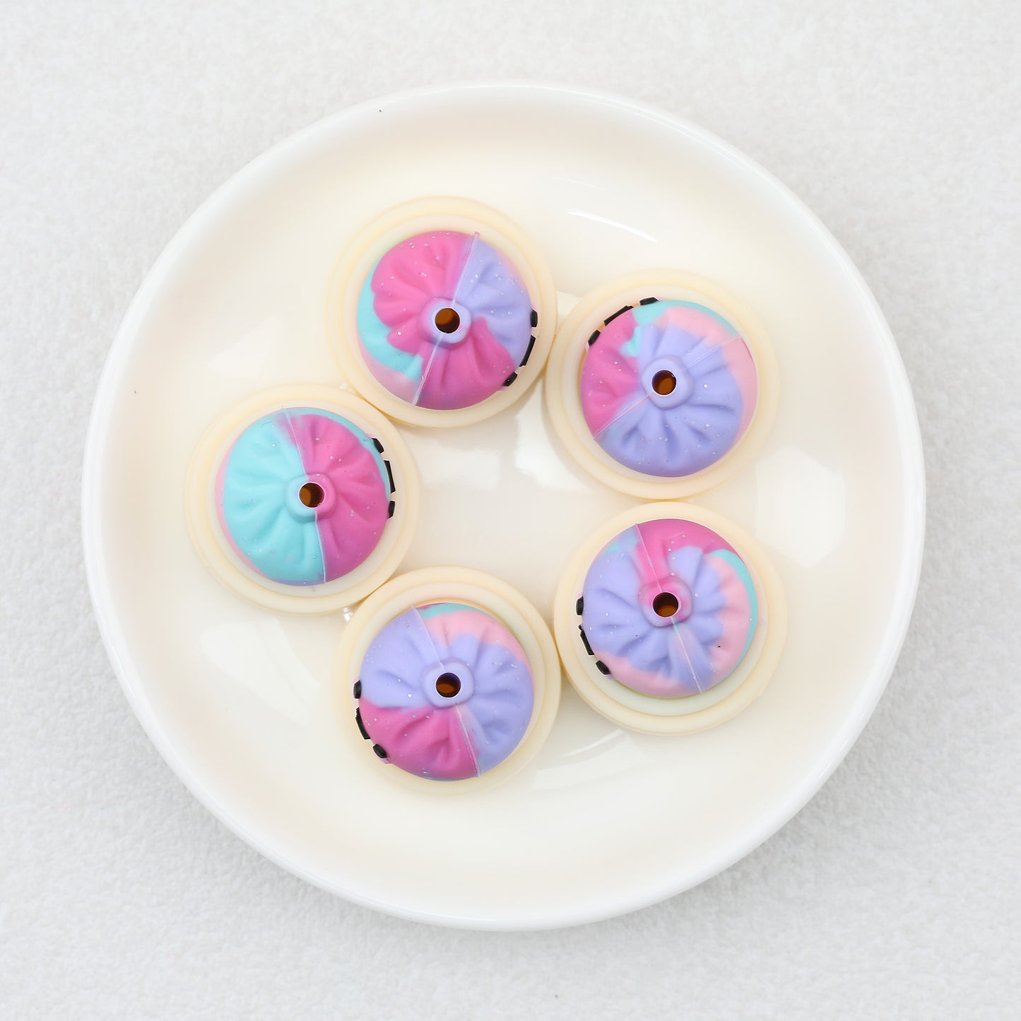 Tie Dye 3D Silicone Focal Beads With Steamer Cute Smiling Dumpling Glitter 20pcs 10