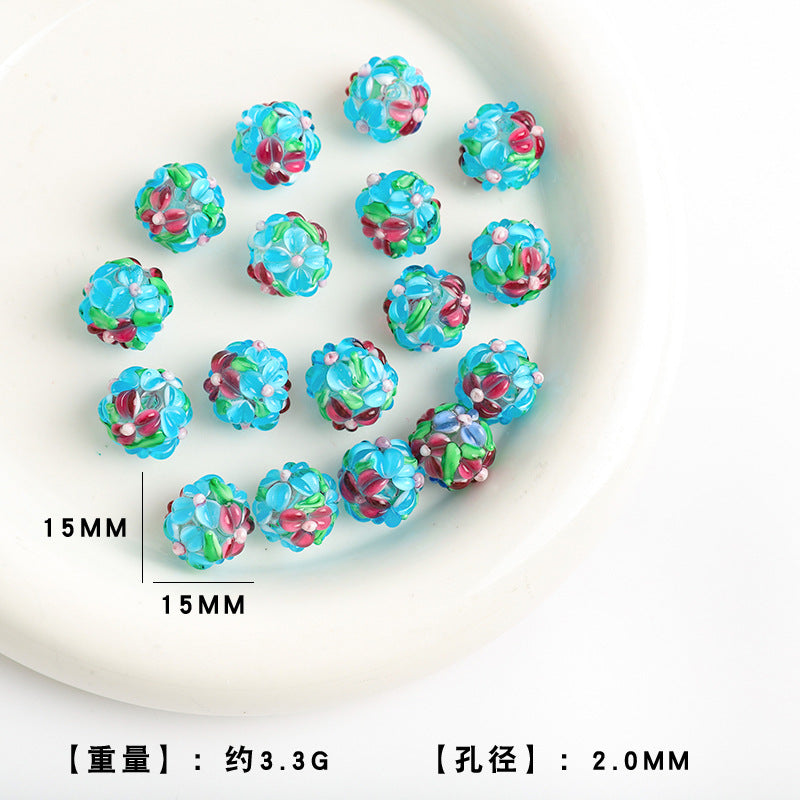 Colorful Flower Pattern Round Glass Beads 15mm 10pcs 9